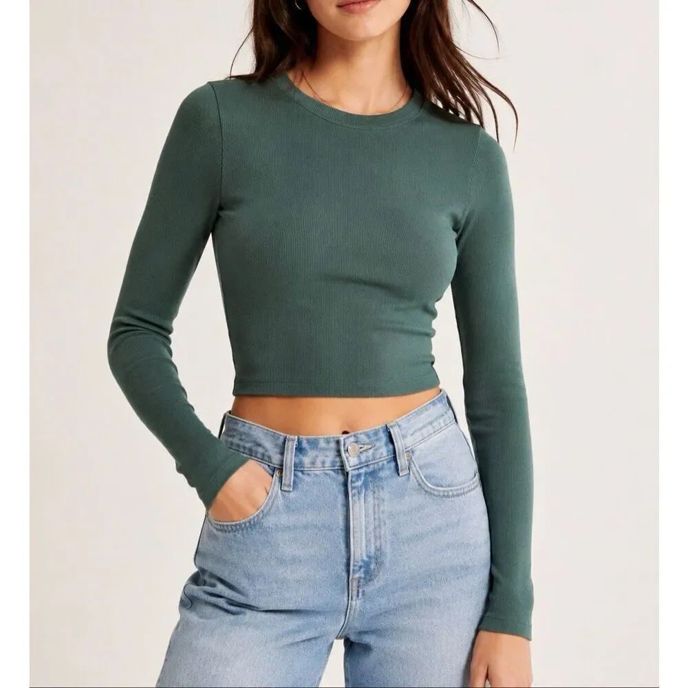 Abercrombie & Fitch Ribbed Cropped Long Sleeve Top Sage Green Size S